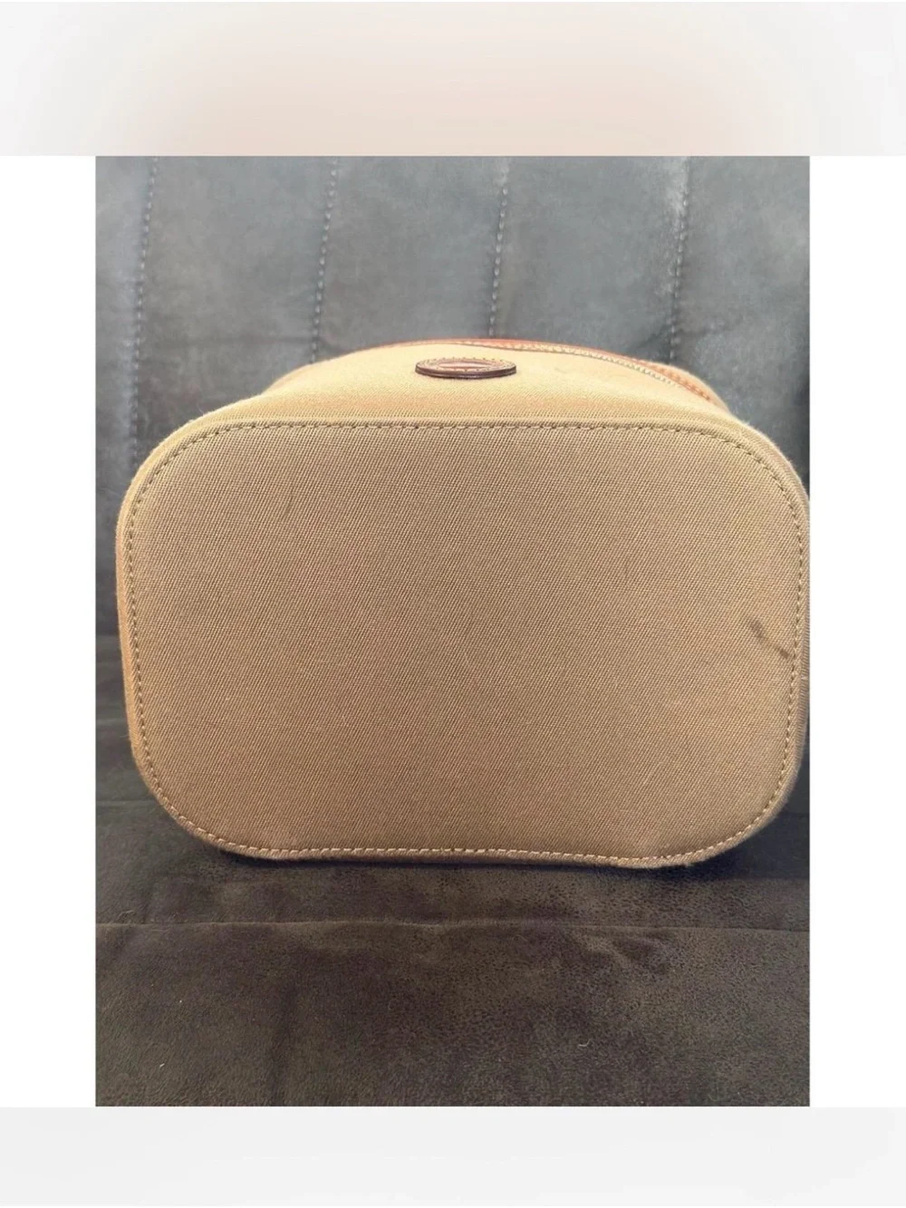 Dooney & Bourke Tan Canvas Travel Train Cosmetic Case with Brown Leather Trim